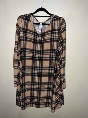 American Culture Women's Plus Size Brown Plaid Long Sleeve Tunic Dress